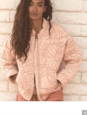 Anthropologie Quilted Floral Bird Puffer Jacket - Light Pink